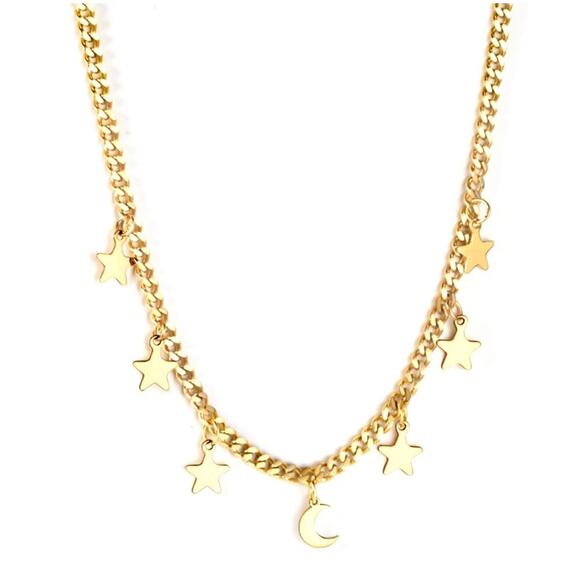 NEW 18K yellow gold plated Cuban chain boho star and moon necklace jewelry B28A - Picture 5 of 10